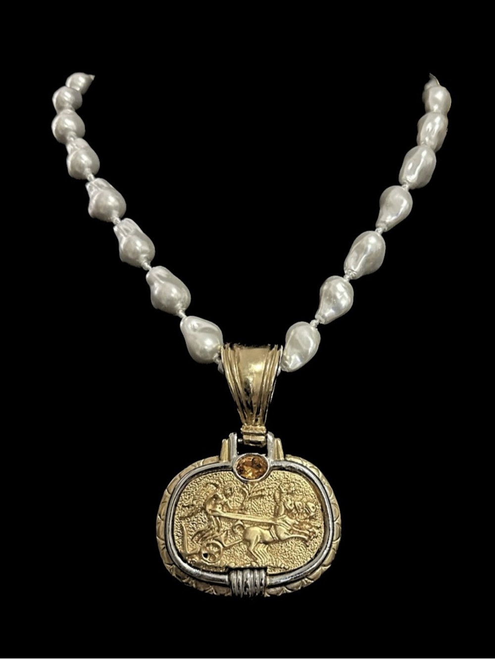 Gold Medallion Pendant Necklace with White Baroque Pearls